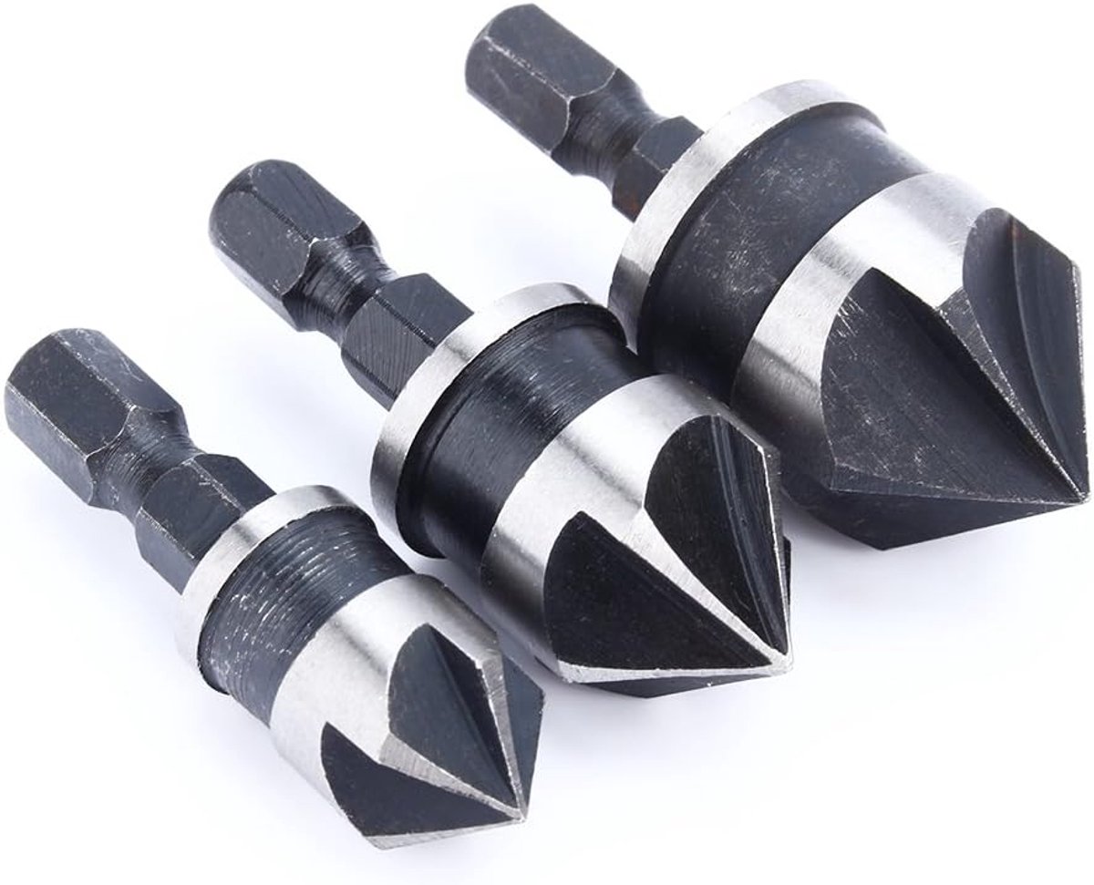 SnelShoppen - 3 Stuks 90 Graden 1/4 Inch Hex Shank Frees Cutter voor Hout en Metaal, Snelle Vervanging, Hoogwaardig Staal, Perfect voor Verzinkte Schr