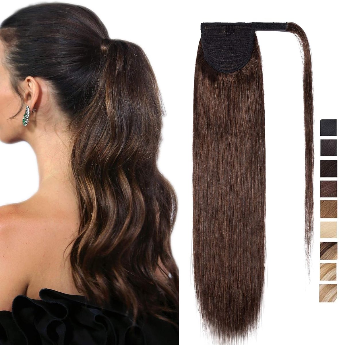 SnelShoppen - SEGO Ponytail Haarstuk Echthaar Zopf Extensions Clip in Poneystaart Middenbruin #4-1 40.6 cm (80g) voor Feest en Dagelijks Gebruik