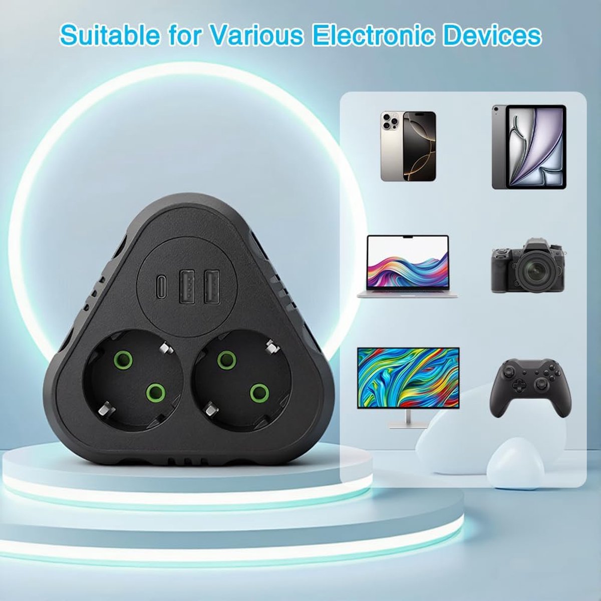 SnelShoppen - Golgner Dubbele Stekkerdoos, 5-in-1 Meerdere Stopcontacten zonder Kabel, 2 USB, 1 Type C, Ideaal voor Thuis, Kantoor, Feest, en Meer