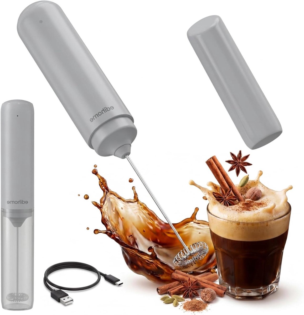 Melkopschuimer Elektrisch - Handmatige opschuimer - Koffie Specialiteiten Maken - Krachtige en Snelle Prestaties - 177 Gram - Grijs