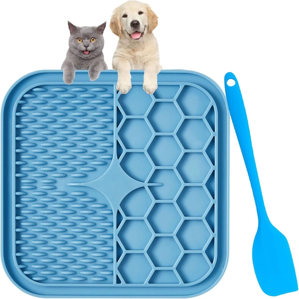 SnelShoppen - Leak Mat Hond 15 x 15 cm BPA Vrij Hondenslekmat met 1 Siliconen Spatel Geschikt voor Puppy’s Katten Voeding Baden Training Blauw