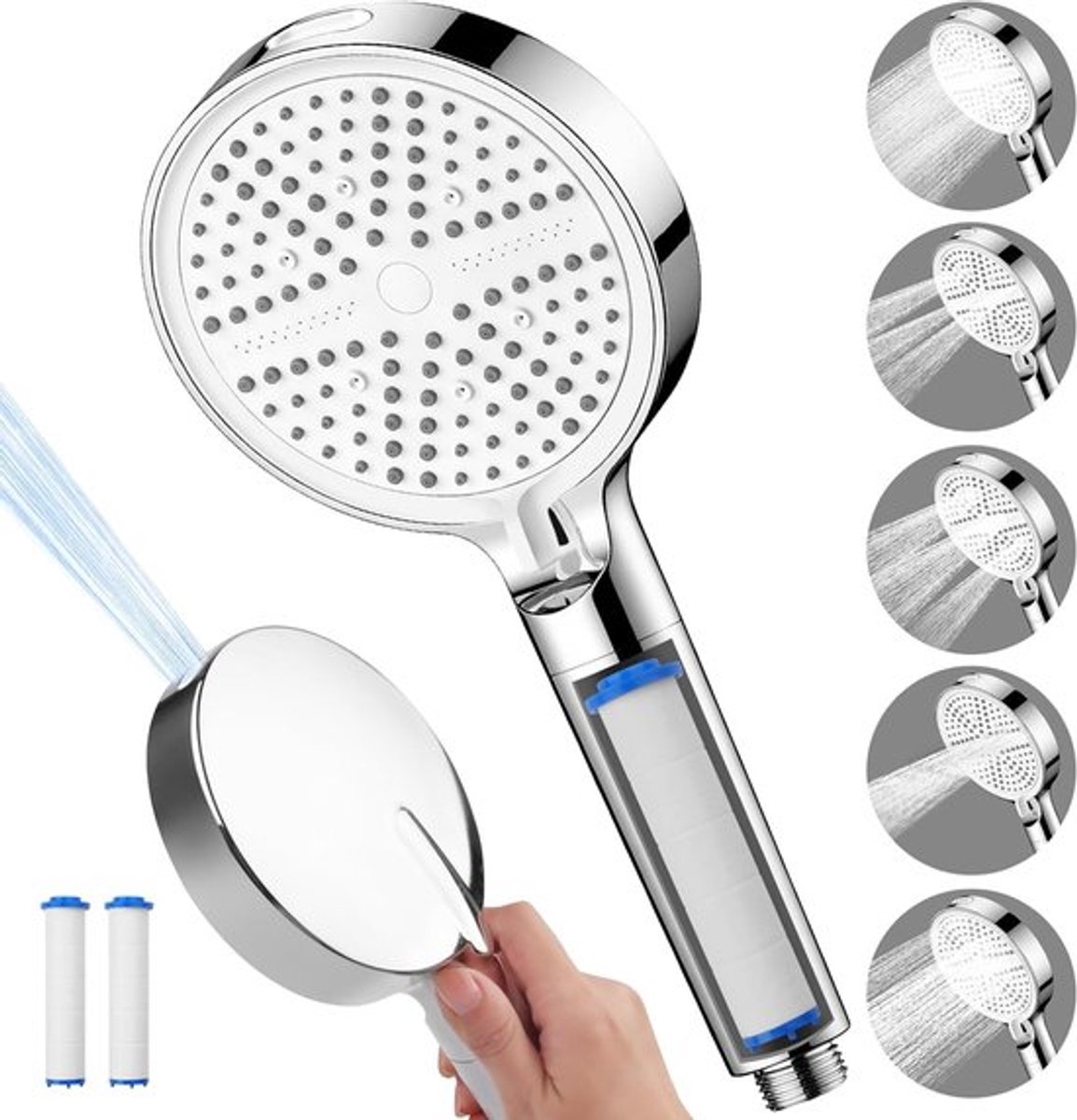 Hoogdruk douchekop met waterbesparende sprayfunctie, energiebesparend en anti-kalk design in chroomafwerking