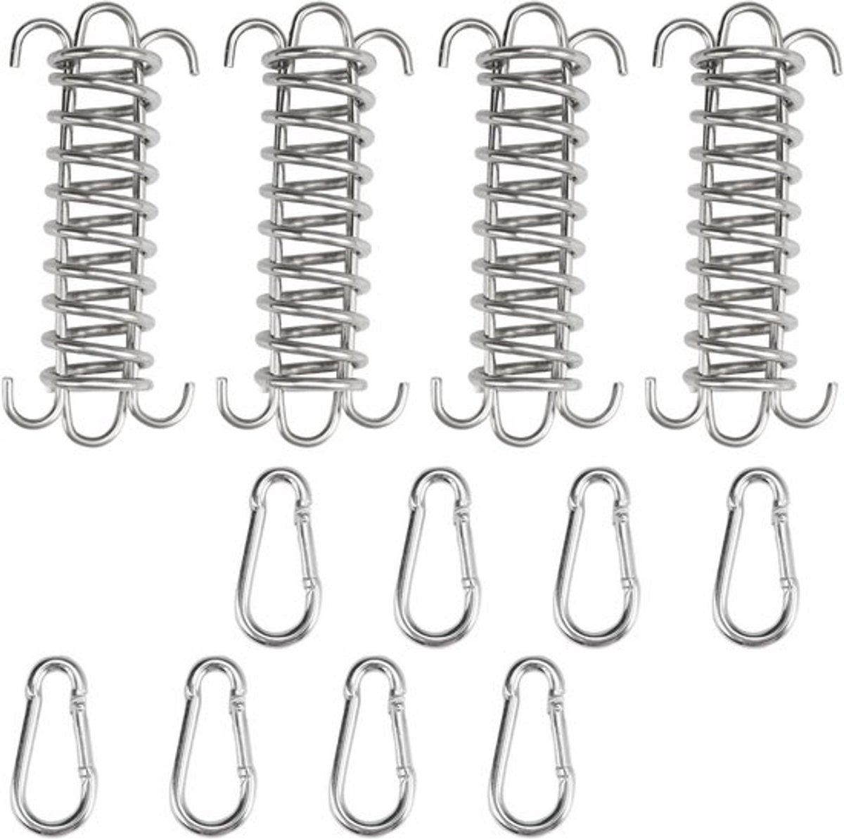 Set van 4 Rvs Spanningveren met 8 Karabijnhaken voor Zonnescherm, Touwspanner en Campingaccessoires