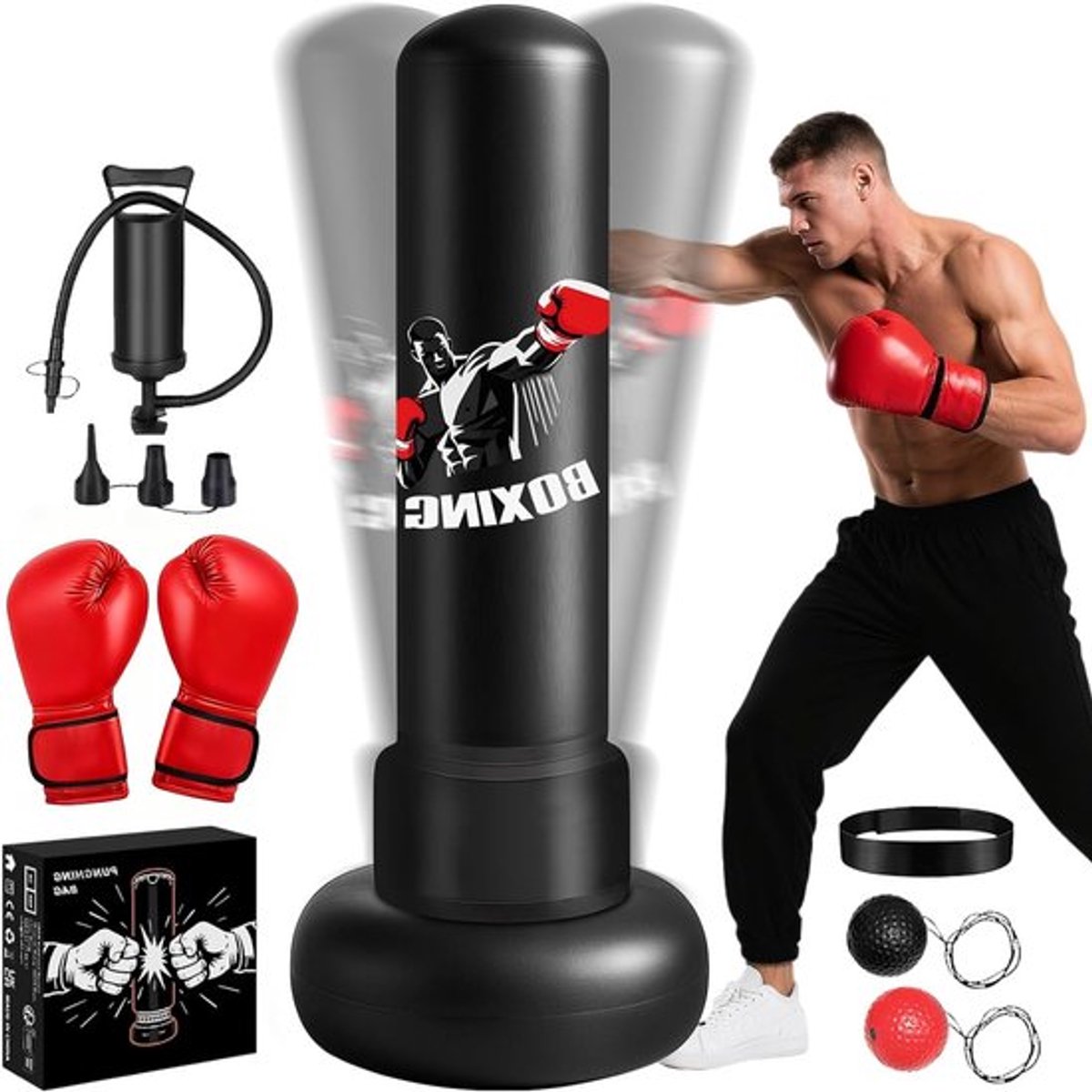 Vrijstaande Bokszak van 190 cm met Bokshandschoenen, Pomp en Reflexbal voor Beginners en Gevorderden in Boksen, Kickboksen en MMA