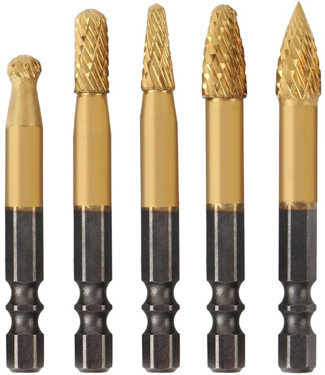 5-delige carbide freeset met dubbele snede, 6,35 mm zeskantschacht, voor houtbewerking, graveren, schuren en snijden van metaal
