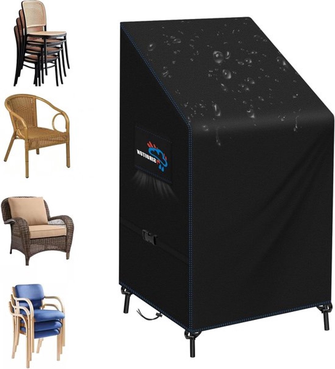 Waterdichte en Ademende Tuinstoel Beschermhoes van 420D Oxford voor Stapelstoelen, 68 x 96 x 110/150 cm, Duurzaam en Weerbestendig, 24 Maanden Gebruik