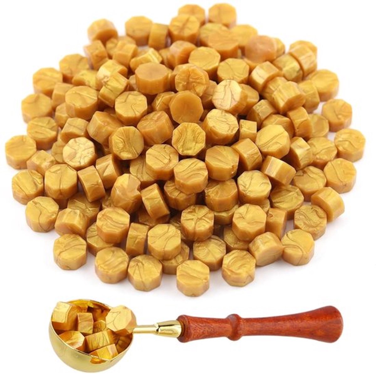 200 Stuks Verzegelwas Kralen met Smeltlepel, Perfect voor Uitnodigingen, Kaarten, Enveloppen en Cadeaupakketten, Ideaal voor Ambachtelijke Projecten en Wijnflessen, Goudkleurig