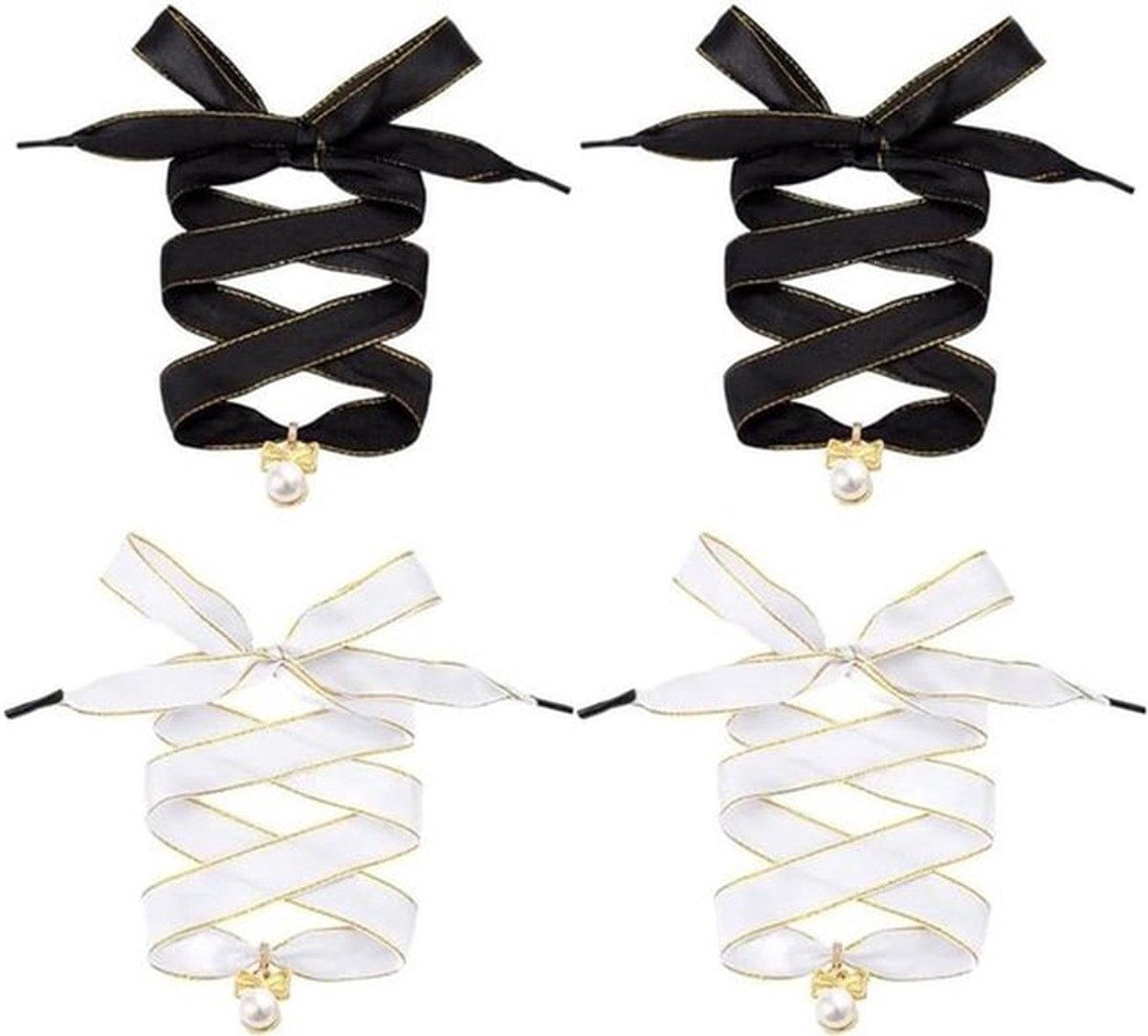 4 Stuks Modieuze Satijnen Veters met Strass Strik en Parels, 112 cm Zwarte en Witte Veters voor Dames Sneakers, Perfecte Vervanging voor Stijlvolle Schoenen