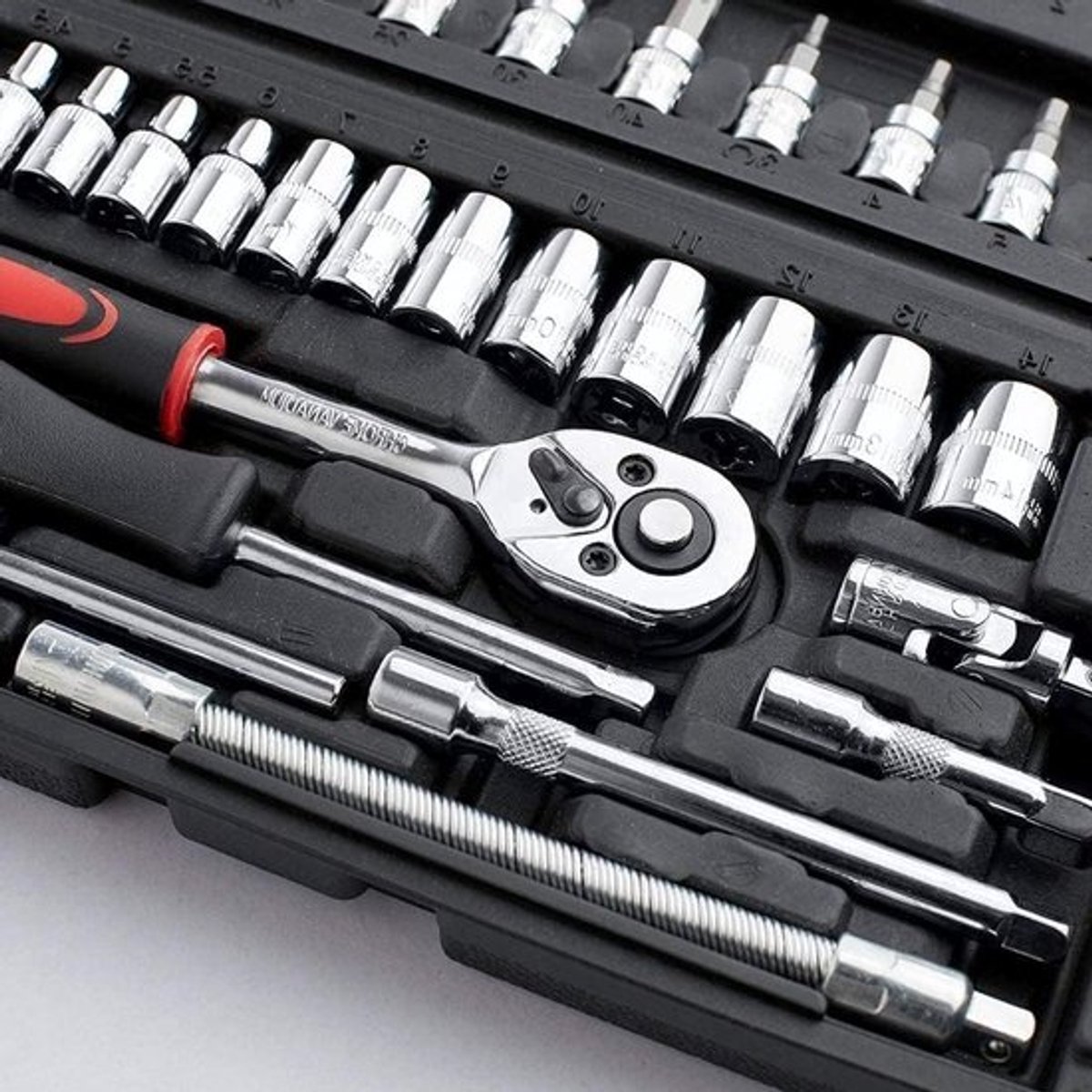 Complete 53-delige steeksleutelset met 1/4 inch ratelsleutel en opbergdoos voor auto-onderhoud, CV-staal en gereedschap accessoires
