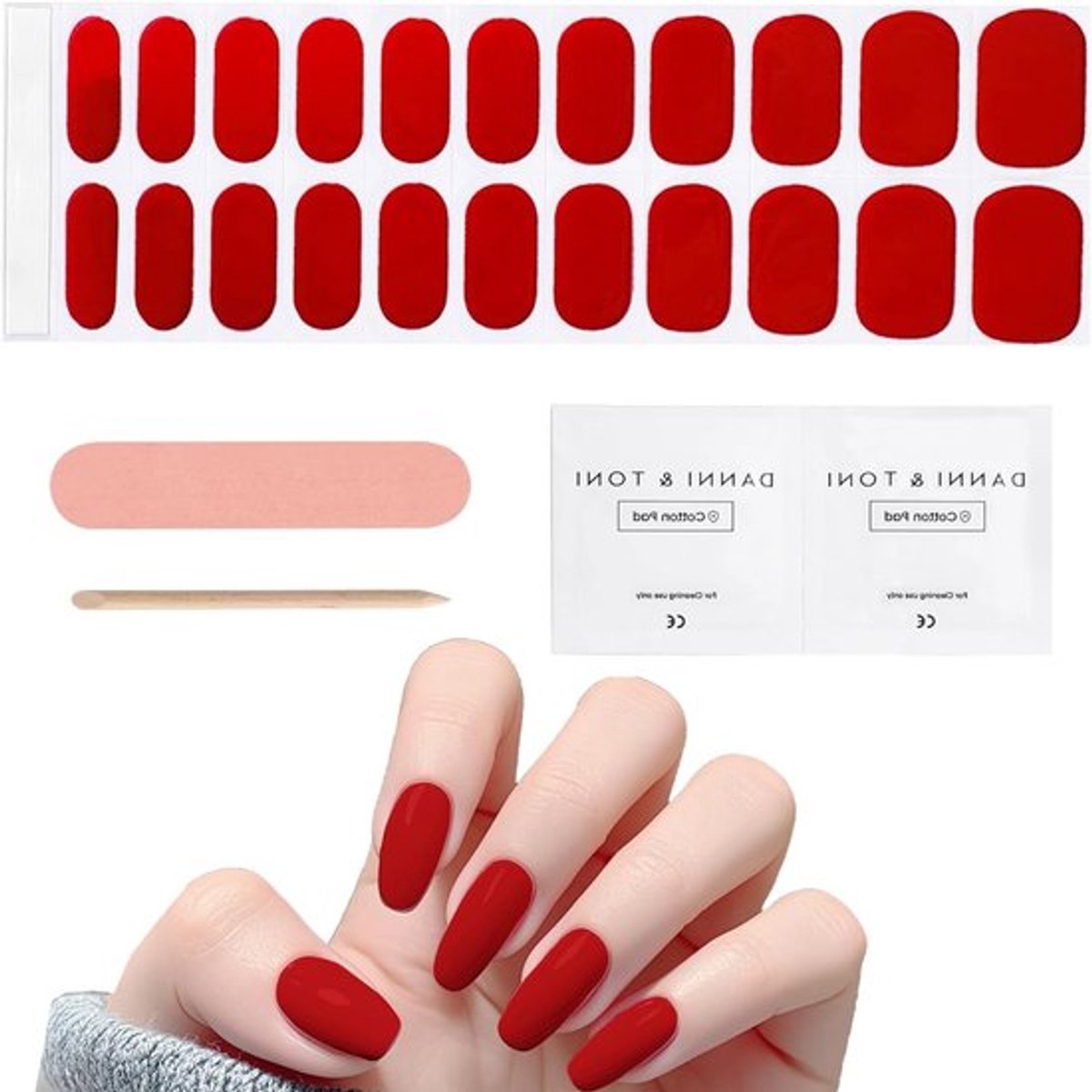 22 Stuks Zelfklevende Gel Nagelstickers met UV Gel, Volledige Wraps en Nagelvijl voor Vrouwen - Perfecte Nageldecoratie in Rood