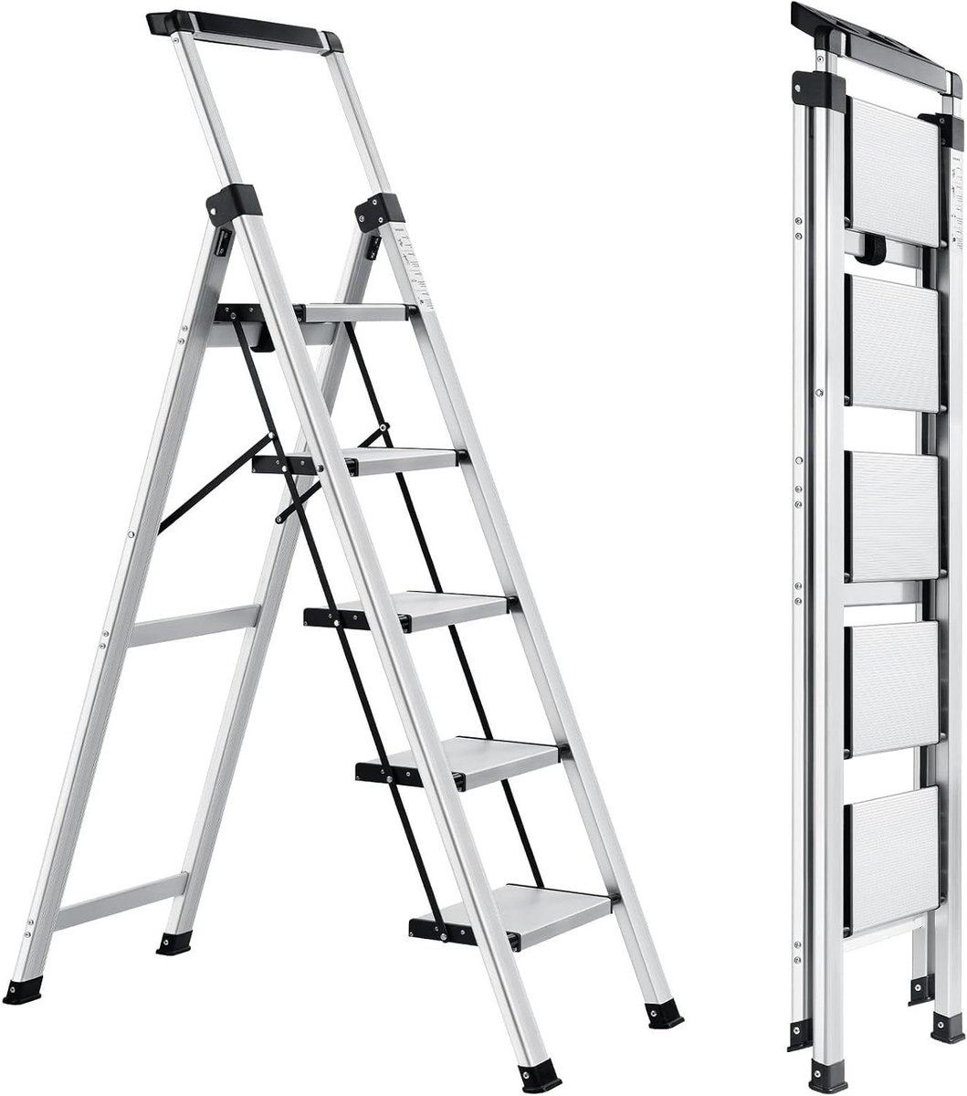 5 treden ladder - Trapladder met leuning - Klusklare hulp - Inclusief gereedschapsbak - 150kg belastbaar - Aluminium