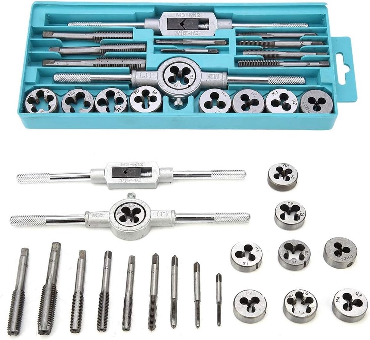 SnelShoppen - 20-delige Taps en Doppen Set M3~M12 met Tap- en Doppenwrench, Handgereedschap met Compleet Accessoireset en Opbergdoos voor het Snijden