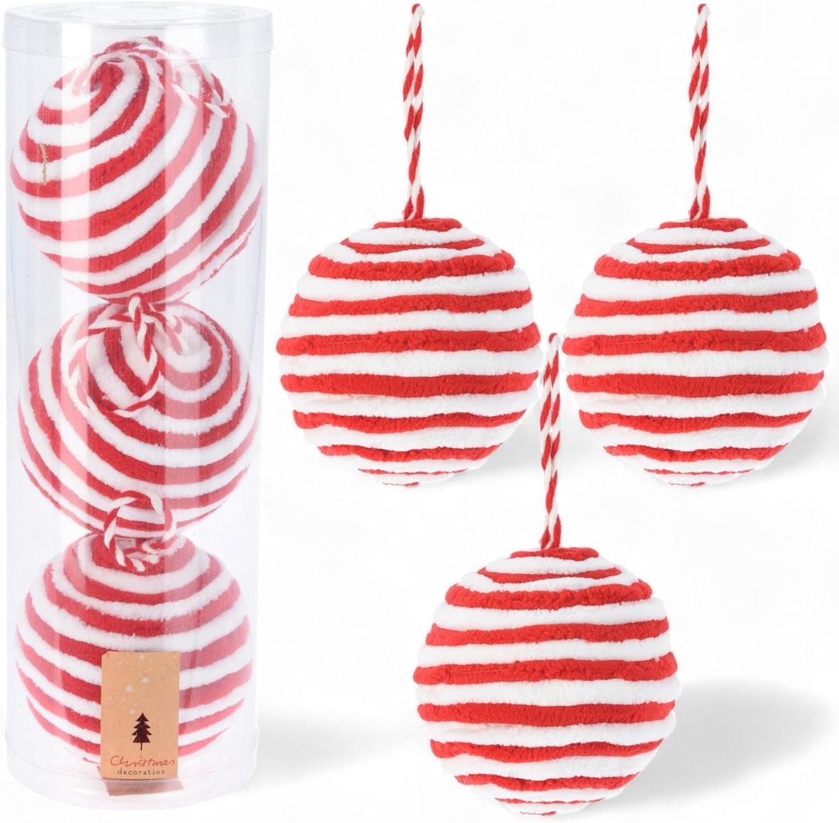 SnelShoppen - Kerstballen in suikerstokdesign, rood en wit, kerstboomdecoratie met knuffelzacht pluche oppervlak, ideaal voor feestelijke en nostalgis