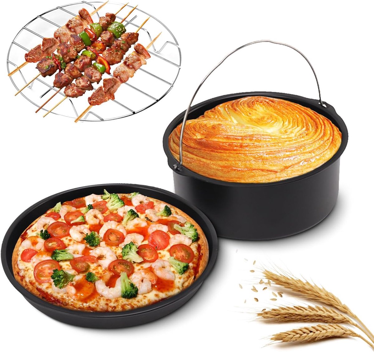SnelShoppen - 3-delige Accessoires Set voor Airfryer - RVS Bakvorm, Pizza Pan en Grill Kit - Duurzaam en Geschikt voor Thuis Keuken en Restaurant (7 i