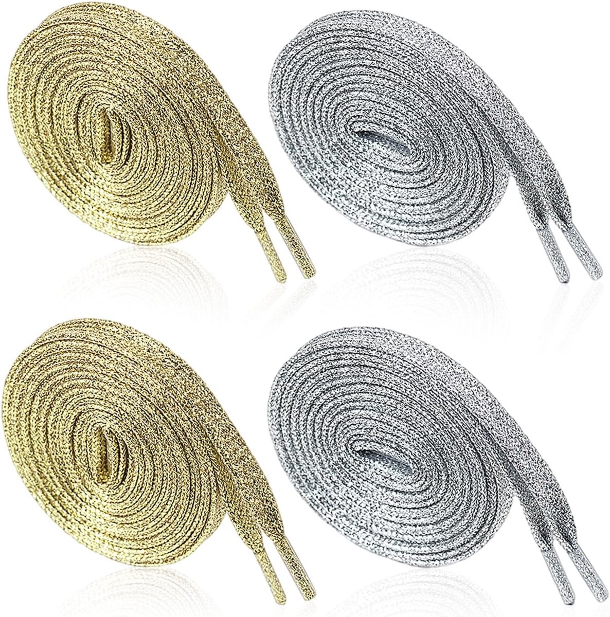 SnelShoppen - 4 Paar Glitter Veters Goud en Zilver Shiny Platte Polyester voor Sportschoenen, Gym Schoenen, Linnen Schoenen, Broeken (110 cm + 130 cm)