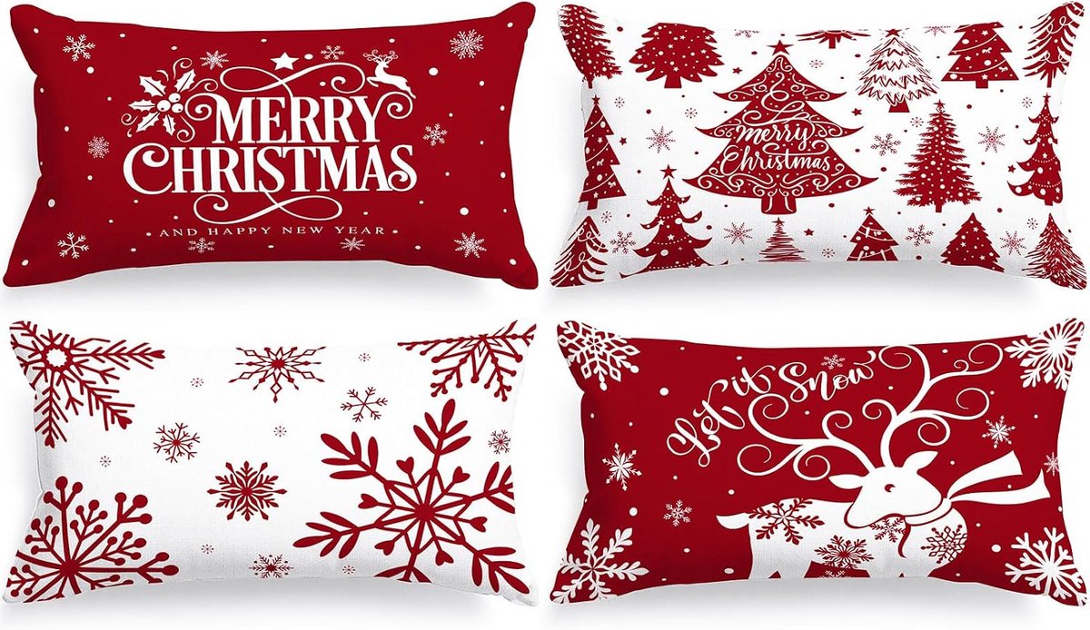 SnelShoppen - Set van 4 Kerst Kussenhoezen 30x50 cm - Decoratieve Langwerpige Kussenslopen met Sneeuwvlokkenprint - Rood en Wit - Perfect voor Binnen