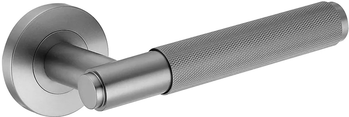 Deurkruk (2x) Eva rond geribbelde diamant greep 22mm haaks met een schroefrozet gun metal PVD gecoat | Ronde deurklinken