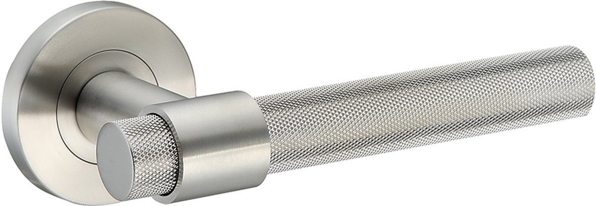 Deurkruk (2x) Ambra rond massief geribbelde diamant greep 20mm met een schroefrozet geborsteld RVS | RVS deurklinken