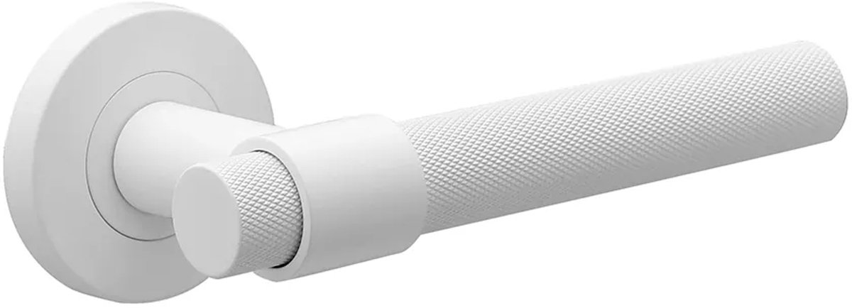 Deurkruk (2x) Ambra rond massief geribbelde diamant greep 20mm met een schroefrozet mat wit PVD gecoat | Witte deurklinken
