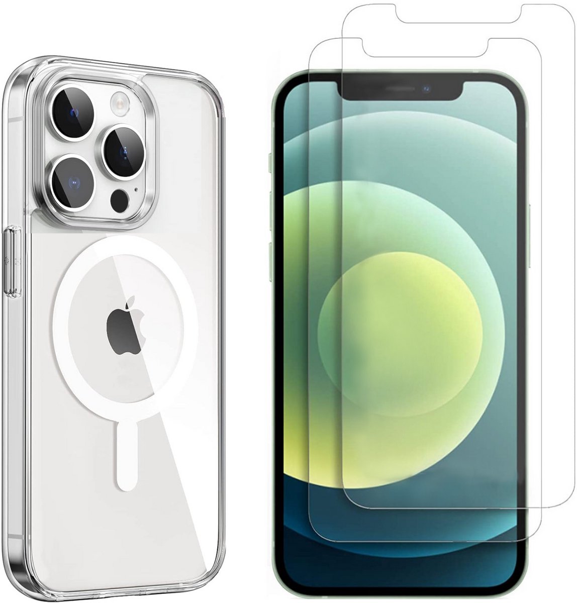 iPhone 12 Pro Max Hoesje backcover Shockproof siliconen Transparant met geïntegreerde magnetische cirkel en 2 stuks Screenprotector Gehard Glas