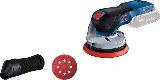 Bosch Professional GEX 18V-125 schuurmachine met hulpstuk en schuurschijf.