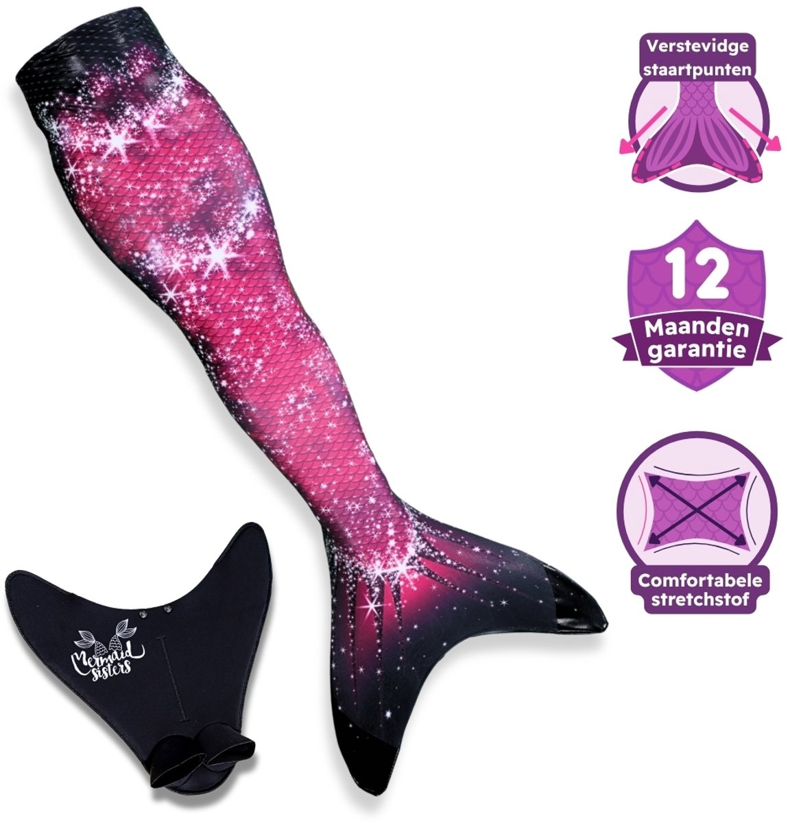 Mermaid Sisters Pink Passion - Zeemeermin Staart met Monovin voor Meisjes - Roze/Zwart - Maat 134-146