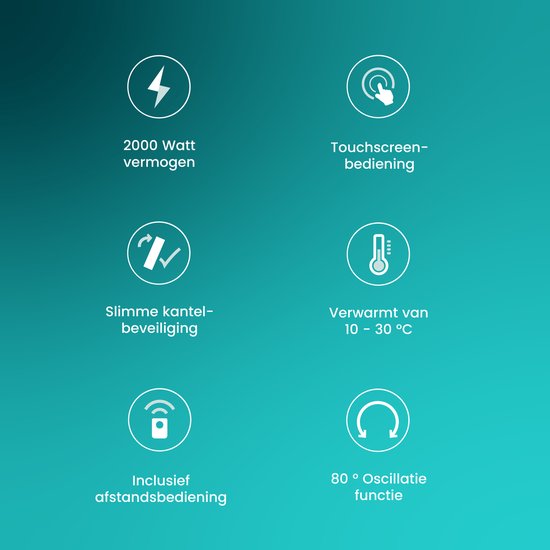 Iconen: 2000 Watt, Touchscreen, Slimme kantelbeveiliging, Temperatuur 10-30°C, Afstandsbediening, 80° Oscillatie.
