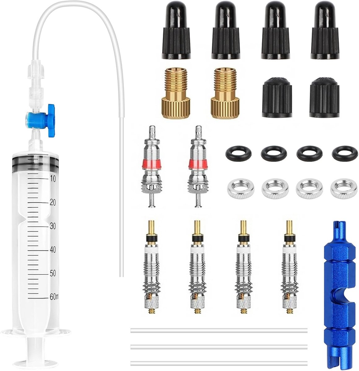 Fiets tubeless afdichtmiddel spuit - 60 ml bandenafdichtmiddel spuit - 29 stuks sealant injectorset voor MTB en racefiets - incl. ventielkernverwijderaar en ventielkeradapter - noodaccessoires