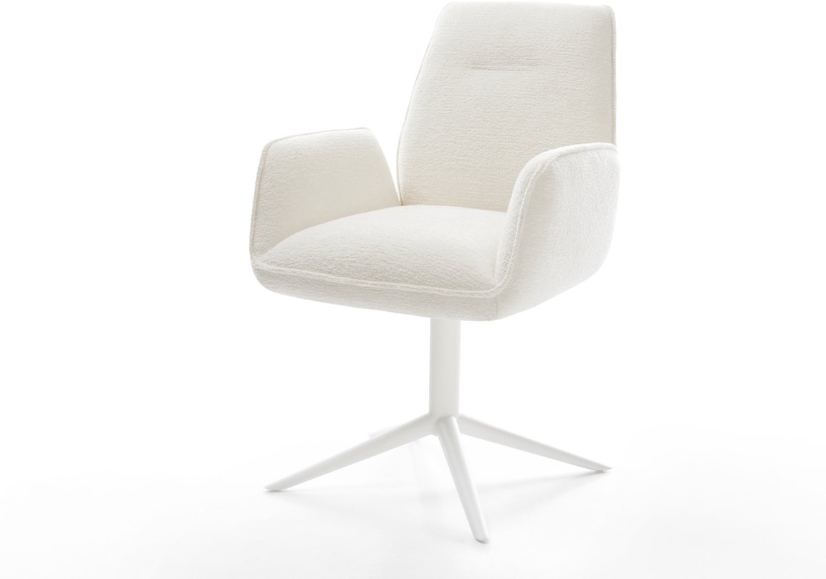 Eetkamerstoel Zoa-Flex kruispoot wit bouclé zacht beige 360° draaibaar rocker-functie pocketveer kern