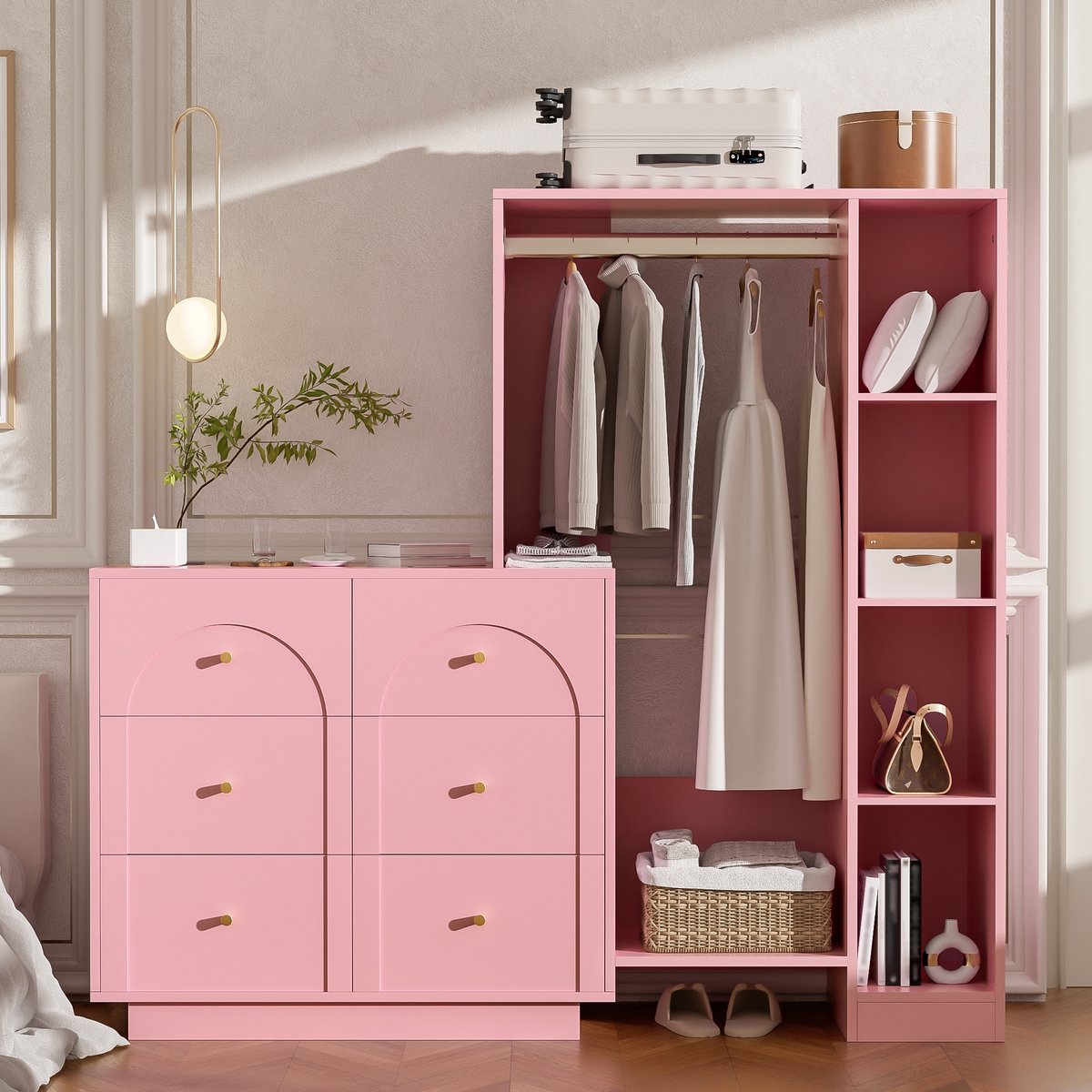 Sweiko Kledingkast - Halmeubel - 6 lades - Opbergplanken - 139 × 35 × 133 cm - Roze