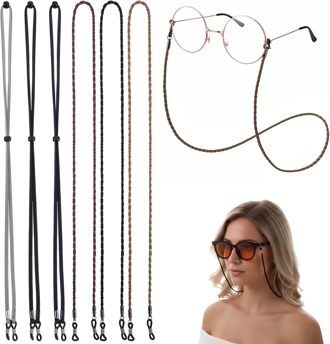 Ouligay 6 stuks lederen brilband voor dames en heren, universele brillenketting, verstelbare brilbanden, antislip - ShopVlot