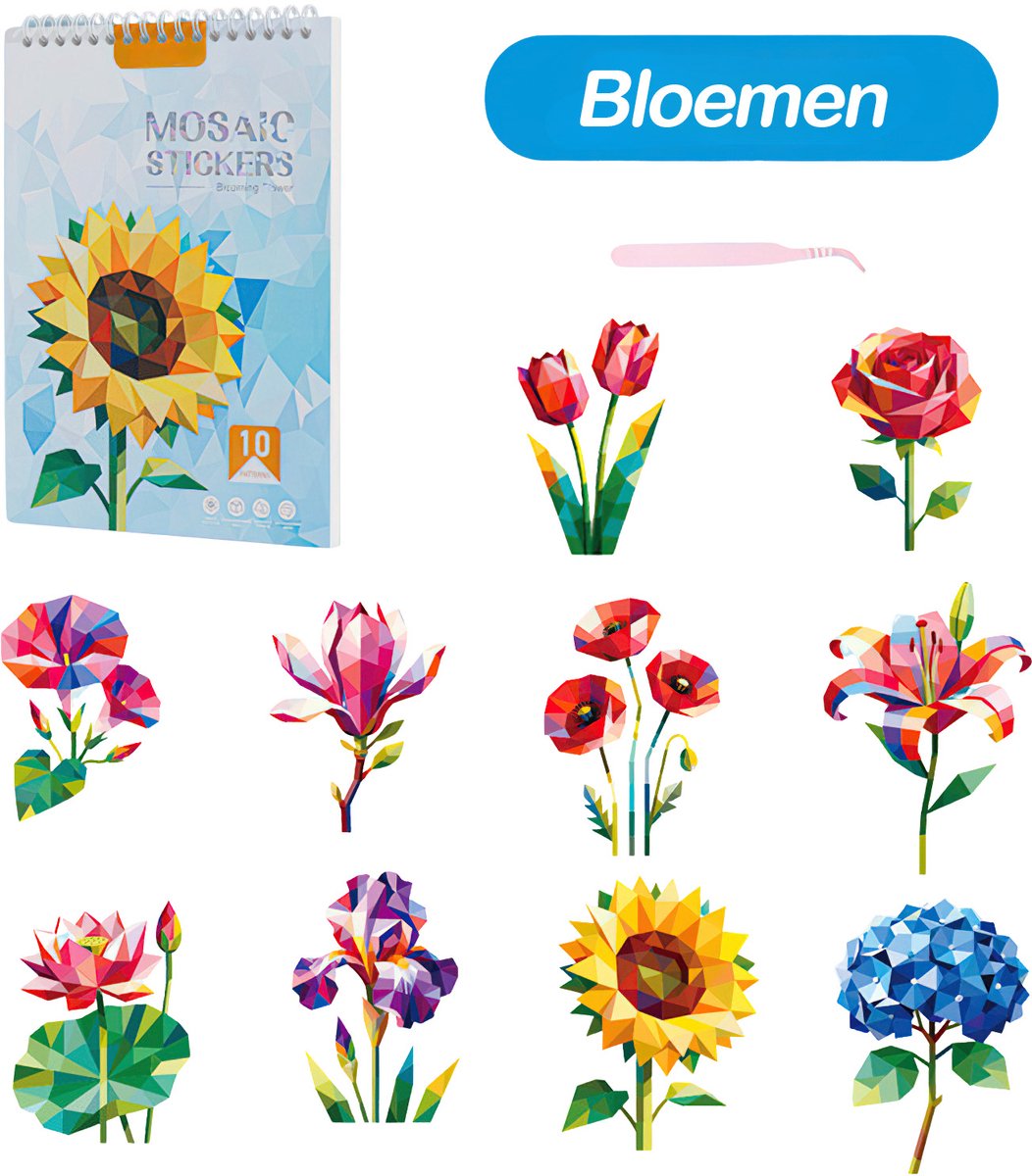Ainy Sticker Op Nummer Bloemen | Inclusief Pincet | Stickerboek met nummer stickers | Stickeren met 10 3D-afbeeldingen | Creatief & Rustgevend vakantieboek | Stickermozaiek stickervellen voor volwassenen en kinderen