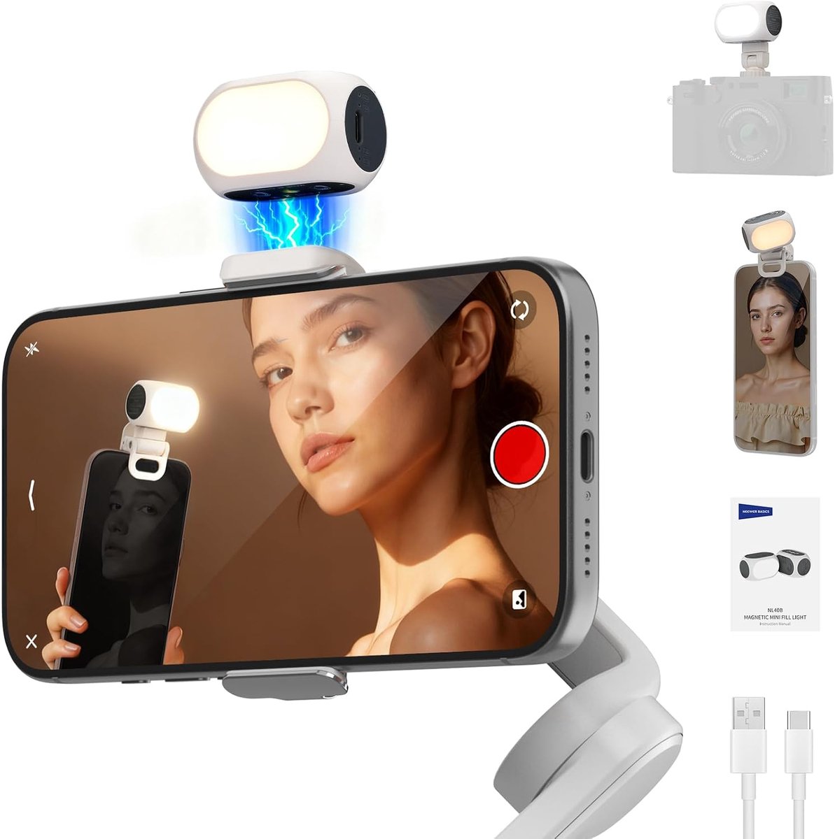 carmdering - Selfie Licht - Magnetisch Mini LED Panel - Videolampje Voor Smartphone - 40 Tweekleurige LEDs - 3 Helderheidsniveaus - Kleurnauwkeurigheid - Ideaal Voor Vlogging En Streaming - 1 Stuk