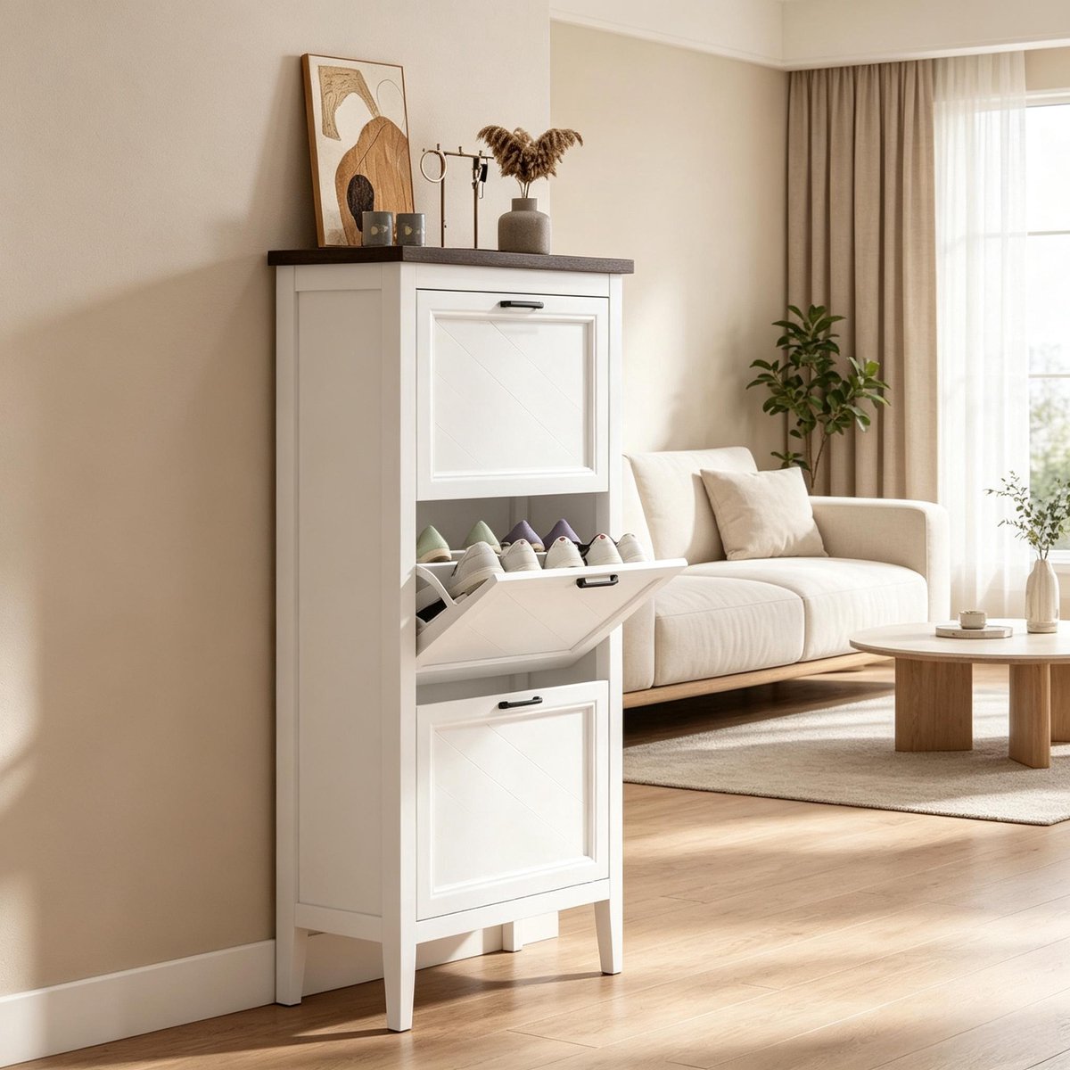 MIVRAY Schoenenkast - Smal Staand Rek Met 3 Kleppen En Verstelbare Planken - Voor Hal En Gang - MDF - Wit En Bruin - 60x26,5x133,7 Cm