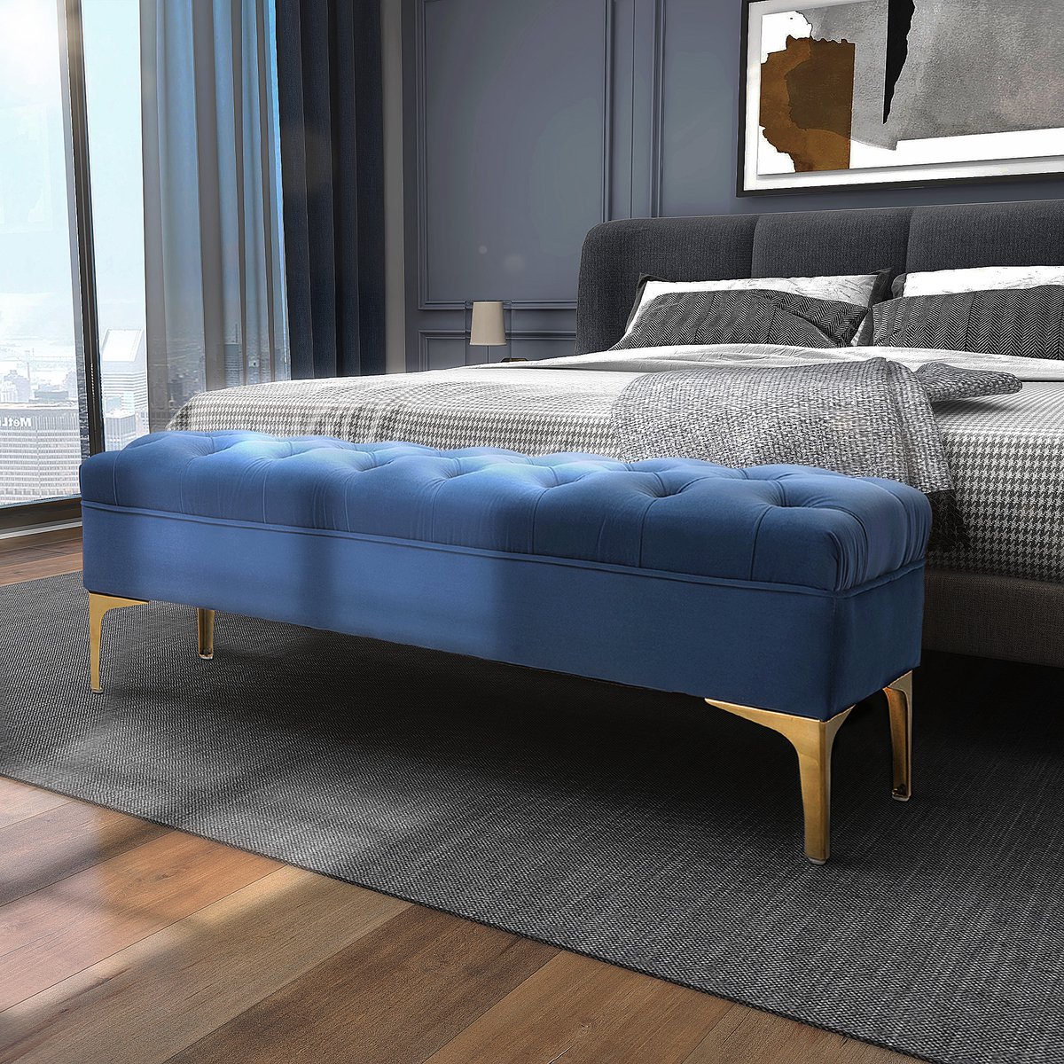 OKWISH Bedbank – 118 x 45 x 42 cm – Gecapitonneerde Zitting – Hout Met Metalen Poten – Blauw En Goud – Voor Slaapkamer En Hal