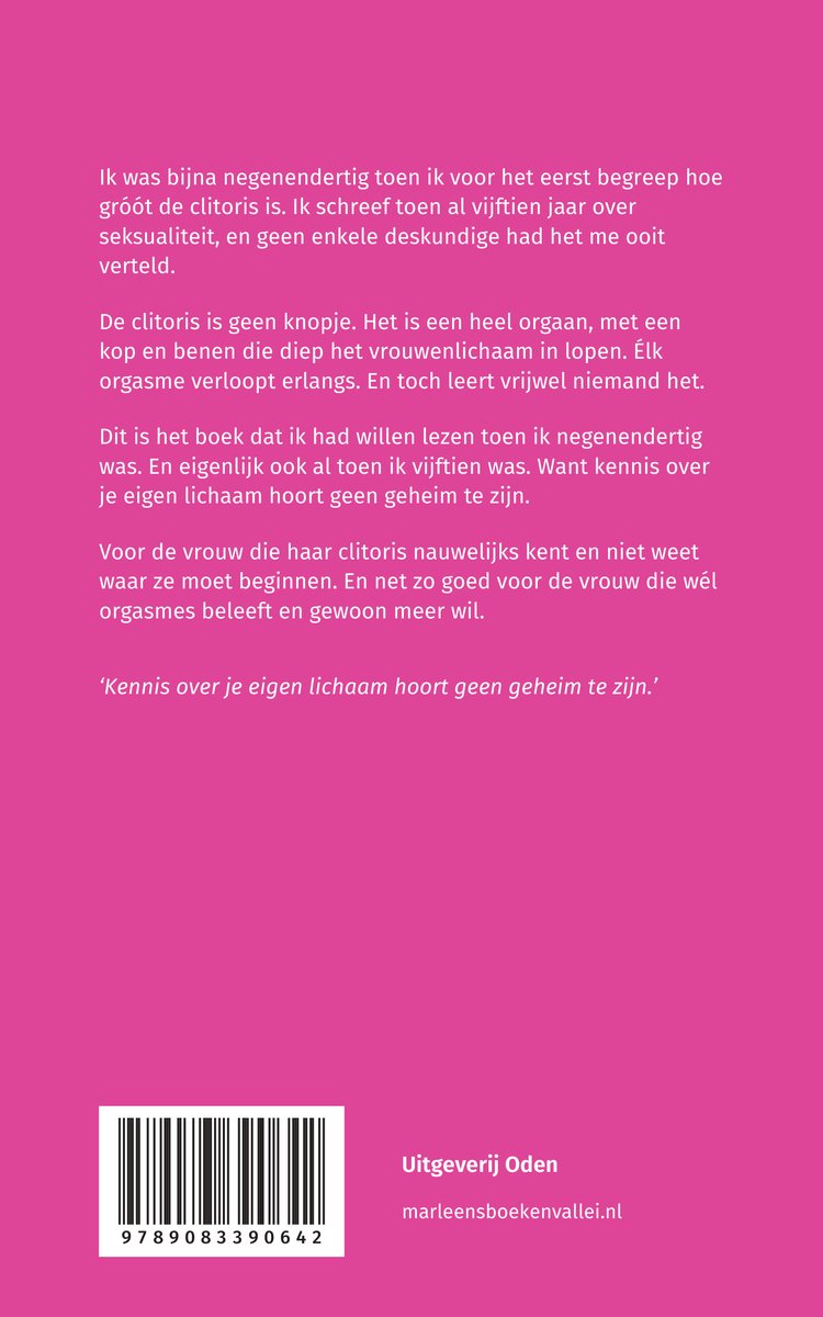 Achterzijde van het boek met een tekst over de clitoris op een roze achtergrond, uitgeverij Oden logo en barcode.