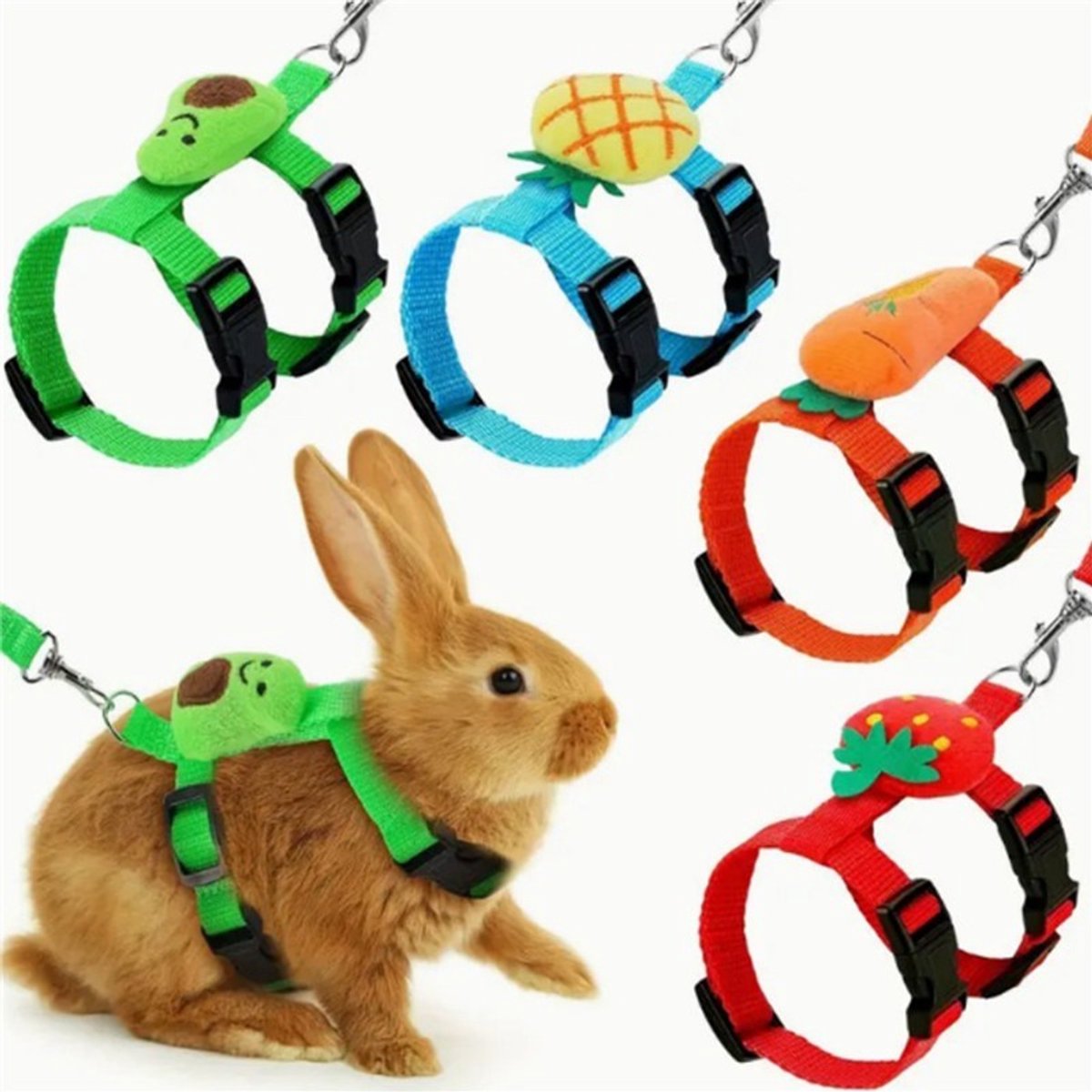 verstelbare konijnentuigjes en riempjes, 138 cm, inclusief konijnenriem, ontsnappingsvest, vest voor kleine dieren en tuigjes met wortel-, aardbei-, ananas- en avocado-patroon.