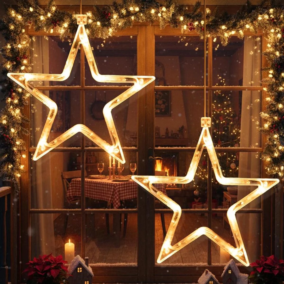 LED-kerstlampjes in stervorm voor ramen, set van 2, warm wit licht, werkt op batterijen, geschikt voor kerstversiering, deuren en ramen, huizen en feesten.