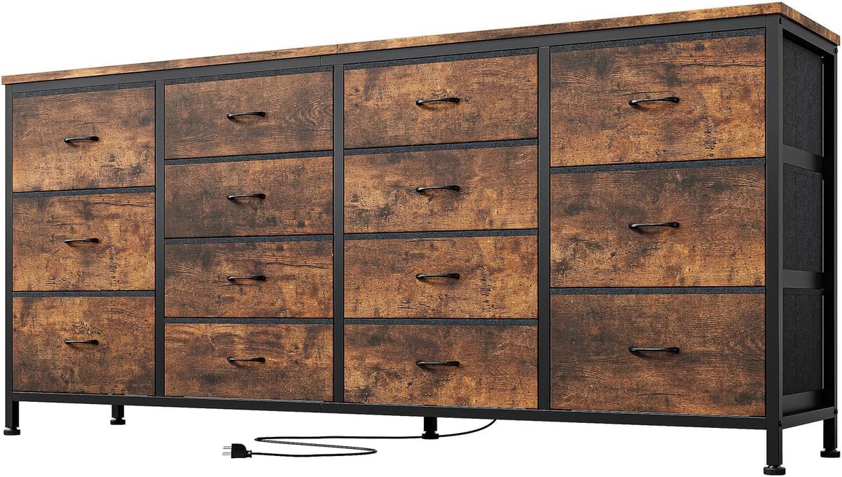 TV‑meubel 160 cm bruin met ingebouwde stopcontacten en 14 stoffen lades, anti‑kantelbeveiliging, voor tv tot 75 inch, afmetingen 160 x 75 x 35 cm