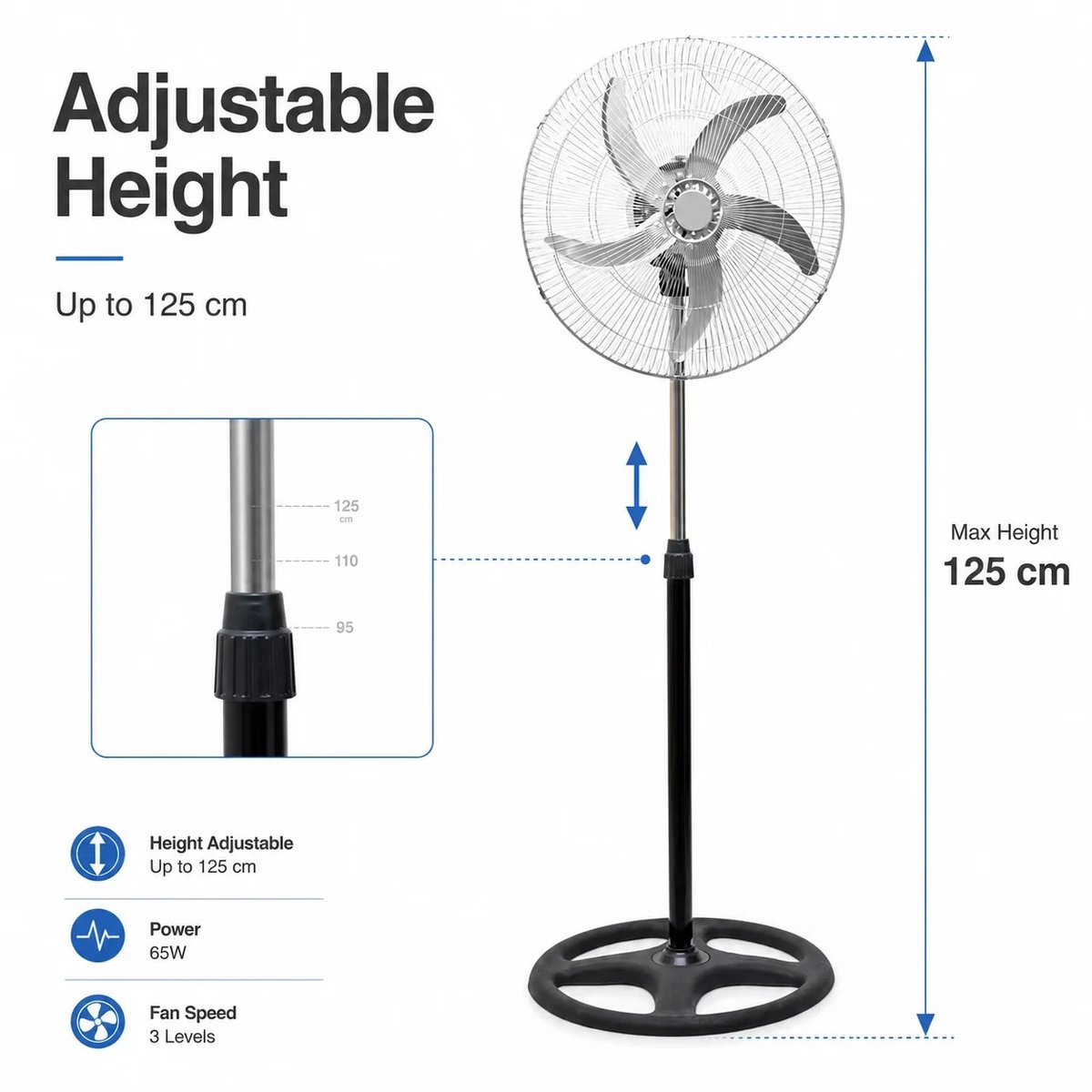 Bresht Ventilator - In hoogte verstelbaar - Stille werking - Automatische oscillatiefunctie - Zwart - 43 × 43 × 105-125 cm