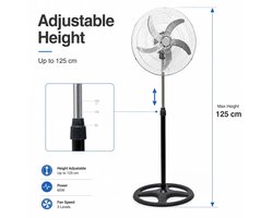 Bresht Ventilator - In hoogte verstelbaar - Stille werking - Automatische oscillatiefunctie - Zwart - 43 × 43 × 105-125 cm