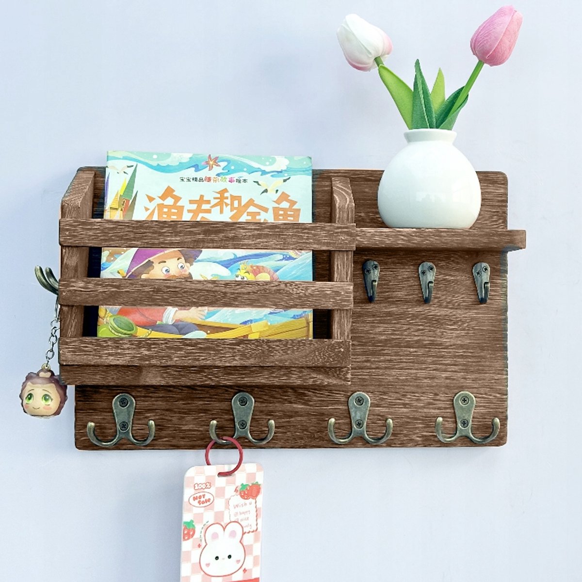 Houten Wandrek met Haakjes & Plank - Organizer voor Sleutels & Post