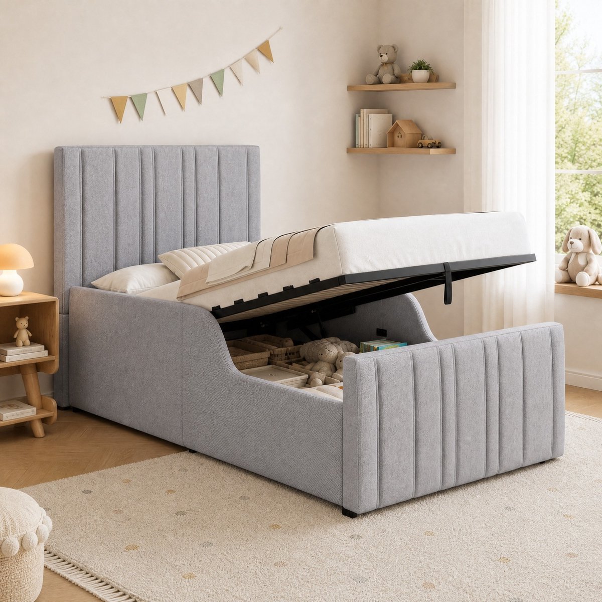 DESMIU Gestoffeerd Bed 90x200 cm - Hydraulisch Functiebed Met Lattenbodem En Grote Opbergruimte - Kinderbed - Linnenstof - Grijs - Zonder Matras
