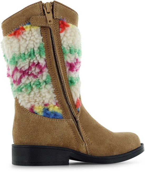 Bruine western laars met gekleurd teddy-effect en rits.