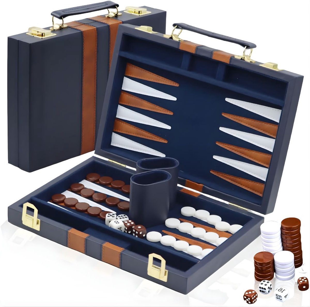 KIRA® Backgammon - Groot Handgemaakt Bordspel - Backgammon Koffer Hout - Marineblauw - 29cm x 20cm x 1cm