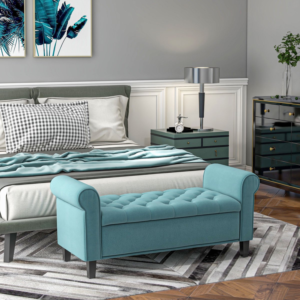 OKWISH Bedbank Met Stauraum 126 X 48,5 X 57 Cm Polyester Groen Gecapitonneerd Voor Slaapkamer En Bedvoet Met Comfortabele Zitting