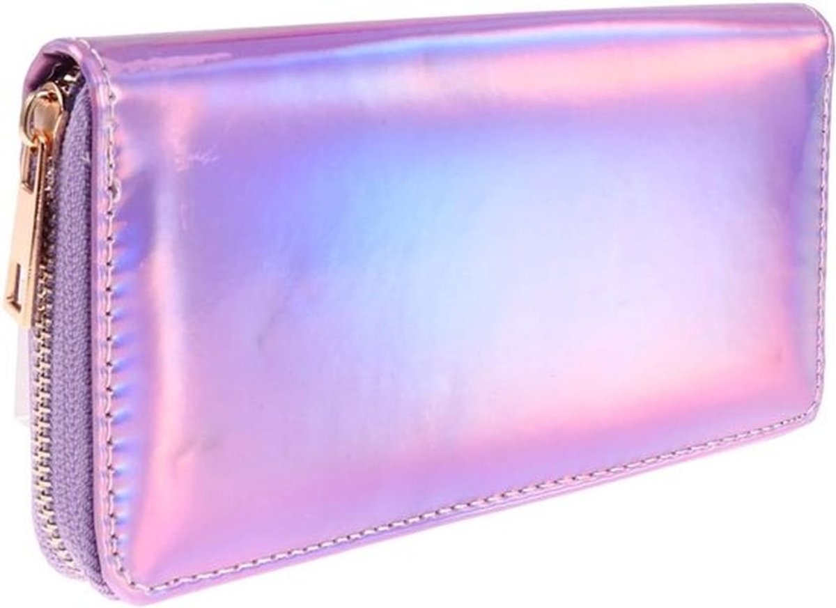 Holografische Lange Portemonnee met Ritssluiting voor Vrouwen - Creditcardhouder en Clutch in Paars, 19.5 x 10 x 2.5cm, Ideaal voor Dagelijks Gebruik en Avondjes Uit