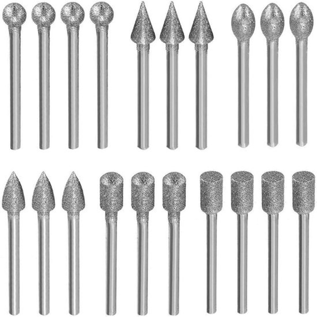 Diamantsnijset - 20-delige diamantfrezen, slijppennen voor Dremel, geschikt voor steen, glas, keramiek, snijden, slijpen en graveren
