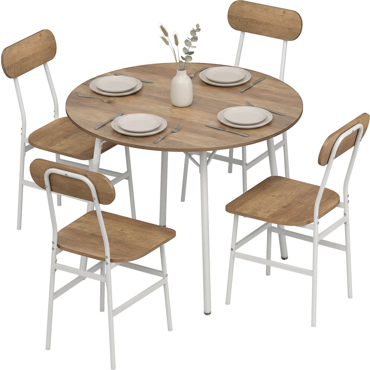 Sogiol® Eettafel Set met 4 Stoelen - Ronde Eettafel Ø 100 cm - Eetkamerset 5-delig - Ruimtebesparend - Industrieel - Naturel Houtlook en Wit