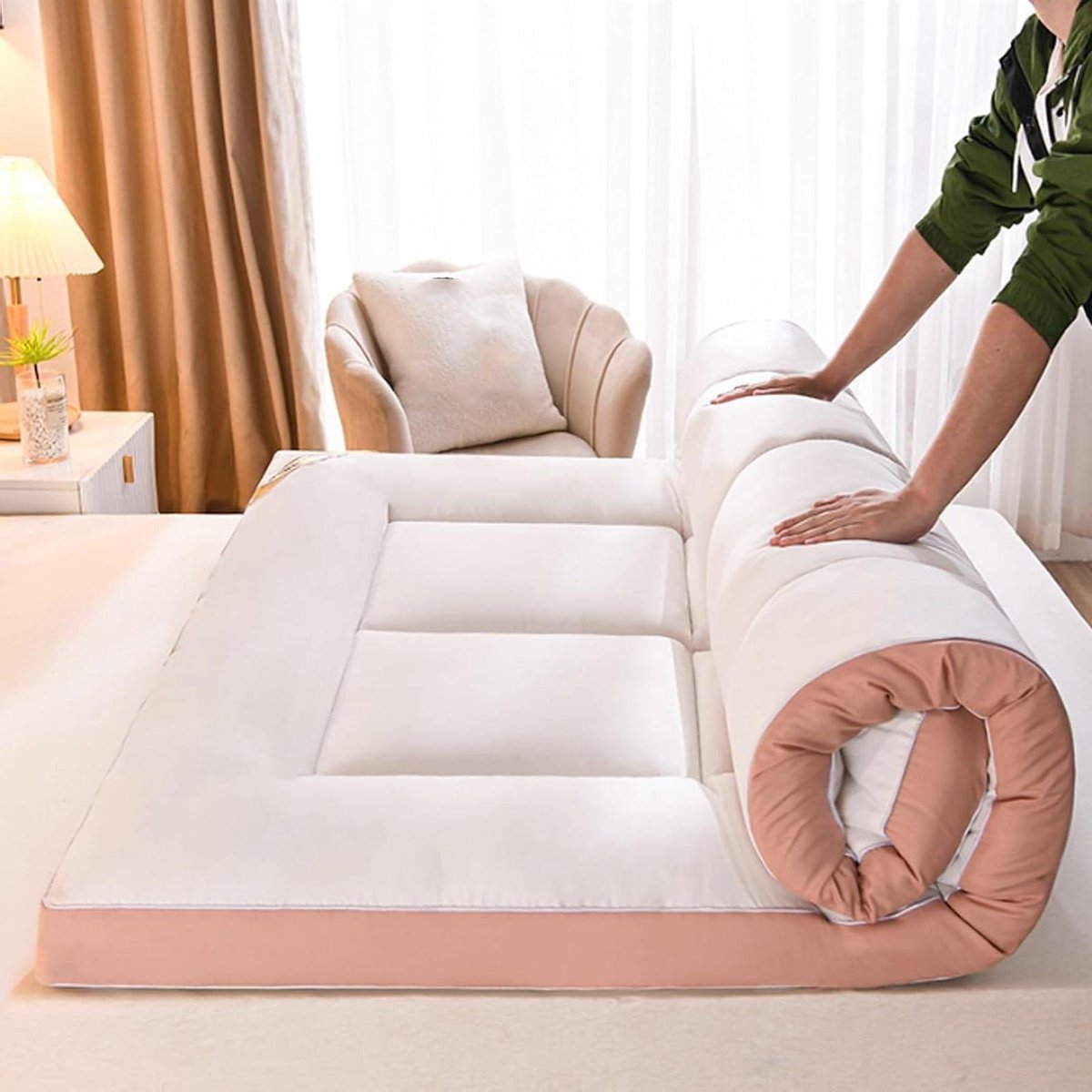 Draagbare Vloermatras - Gastbed Opvouwbaar Slaapkussen - Comfortabel Slapen - Extra Dikke Vulling - 90x200cm - Roze